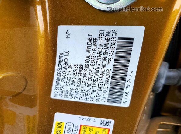 19UUB7F94NA000550 2022 ACURA TLX Gold VIN կոդի պիտակի տեսք