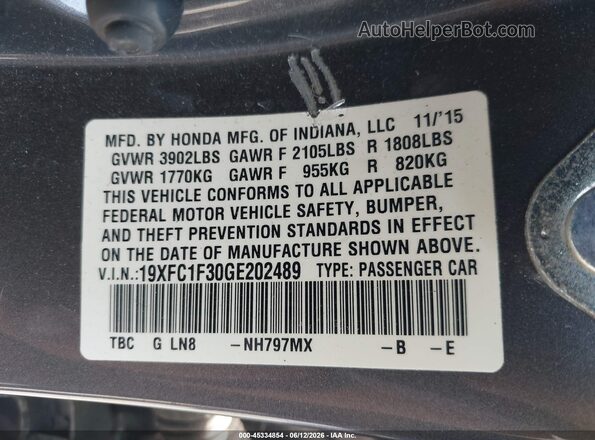 19XFC1F30GE202489 2016 HONDA CIVIC Gray Вид підкапотного простору