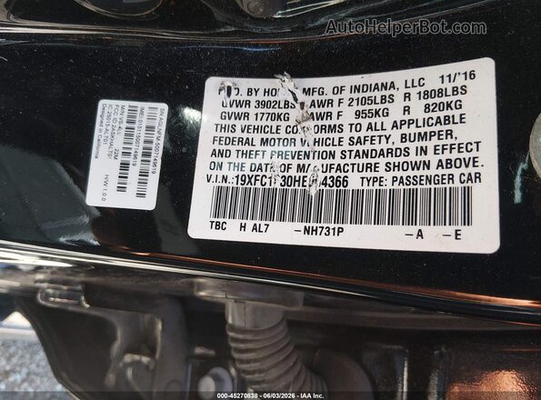 19XFC1F30HE004366 2017 HONDA CIVIC Black Շարժիչի բաժամունքի տեսք