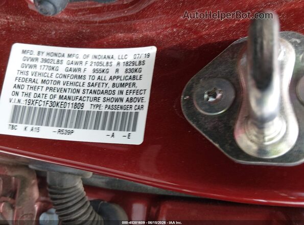 19XFC1F30KE011809 2019 HONDA CIVIC Красный Вид подкапотного пространства