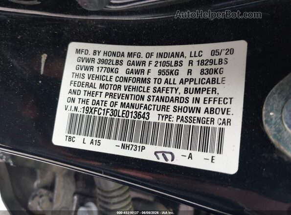 19XFC1F30LE013643 2020 HONDA CIVIC Black Engine compartment view