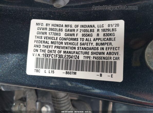 19XFC1F30LE204124 2020 HONDA CIVIC Синий Вид подкапотного пространства