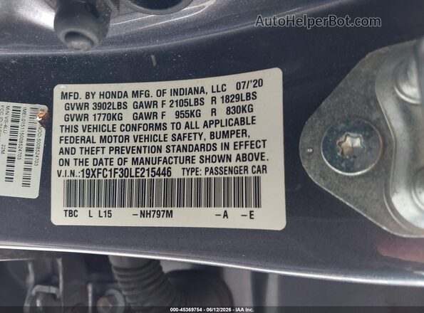 19XFC1F30LE215446 2020 HONDA CIVIC Gray Engine compartment view