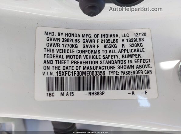 19XFC1F30ME003356 2021 HONDA CIVIC White Շարժիչի բաժամունքի տեսք