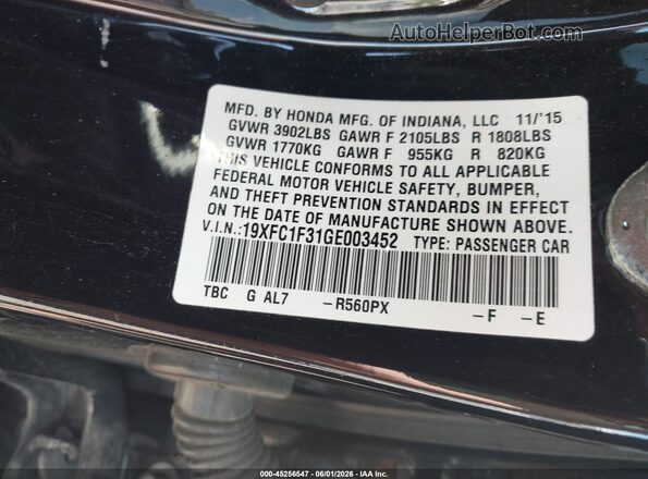 19XFC1F31GE003452 2016 HONDA CIVIC Black 