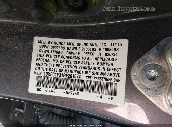 19XFC1F31GE201674 2016 HONDA CIVIC Gray Vista de la etiqueta del VIN