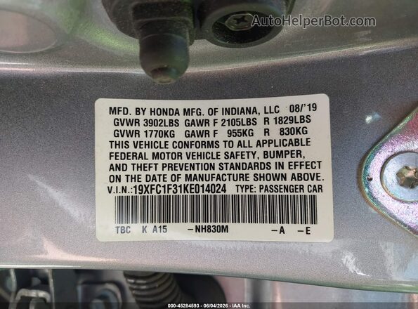 19XFC1F31KE014024 2019 HONDA CIVIC Серебряный 