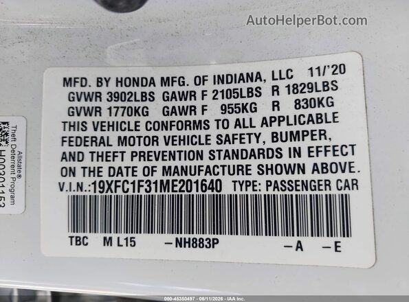 19XFC1F31ME201640 2021 HONDA CIVIC White Вид підкапотного простору