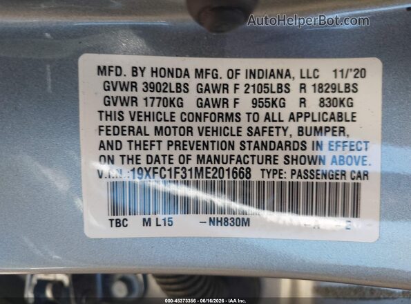 19XFC1F31ME201668 2021 HONDA CIVIC Silver Vista del compartimento del motor