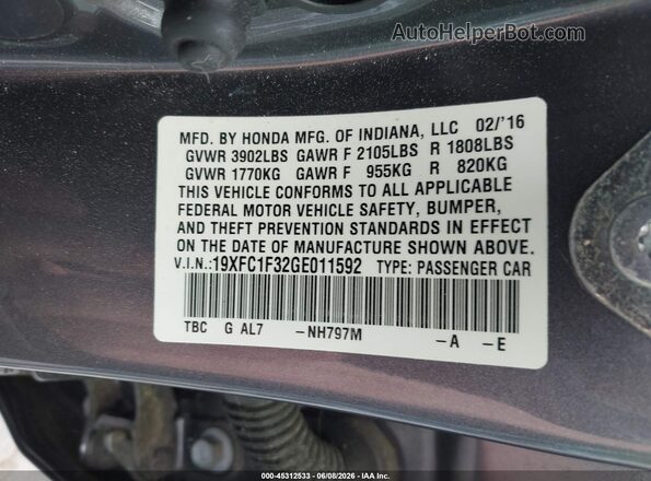 19XFC1F32GE011592 2016 HONDA CIVIC Серый 