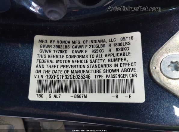 19XFC1F32GE025346 2016 HONDA CIVIC Black Vista del compartimento del motor