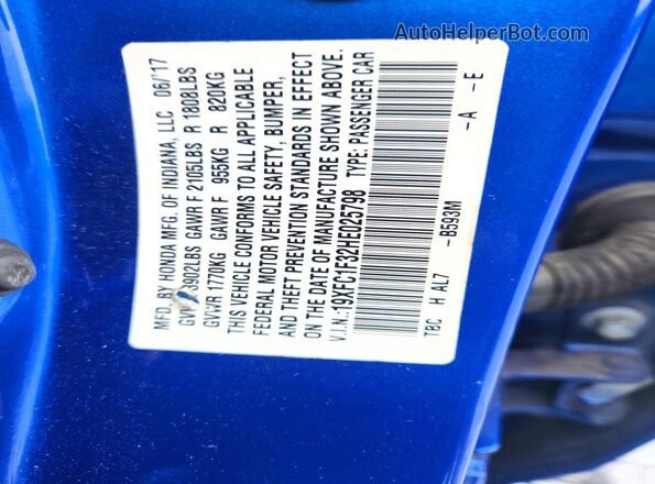 19XFC1F32HE025798 2017 HONDA CIVIC Синий Вид подкапотного пространства