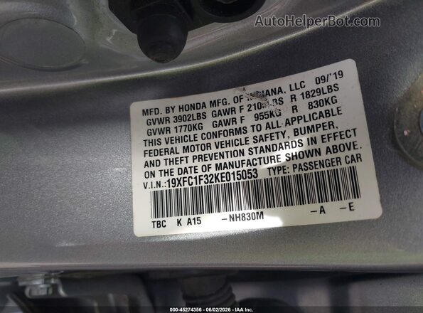 19XFC1F32KE015053 2019 HONDA CIVIC Silver ძრავის განყოფილების ხედი
