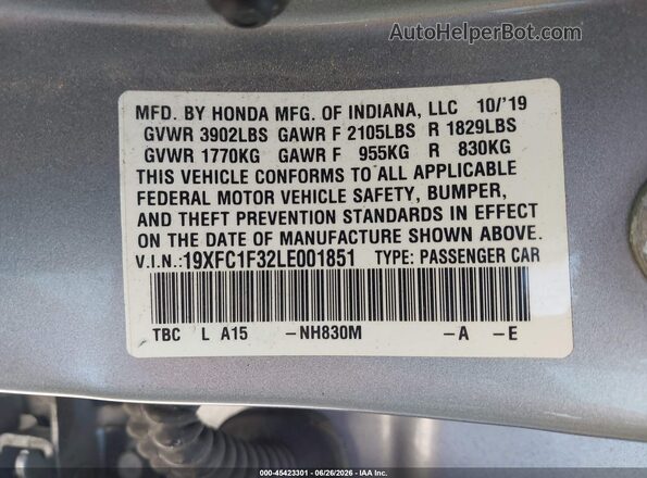 19XFC1F32LE001851 2020 HONDA CIVIC Silver Շարժիչի բաժամունքի տեսք