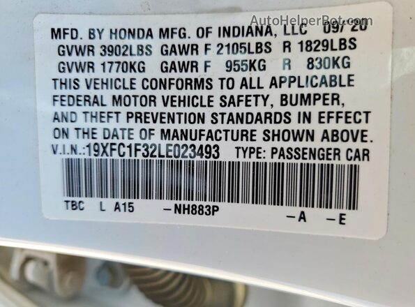19XFC1F32LE023493 2020 HONDA CIVIC White Вид підкапотного простору