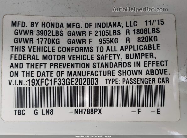 19XFC1F33GE202003 2016 HONDA CIVIC White Widok komory silnika