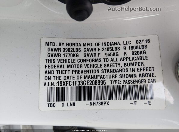 19XFC1F33GE208996 2016 HONDA CIVIC White Vista del compartimento del motor