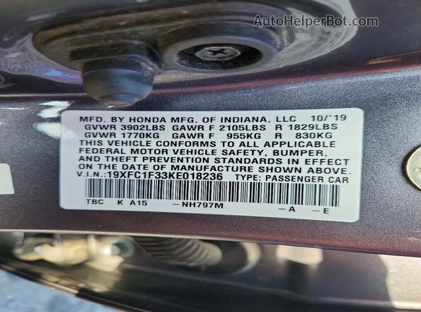 19XFC1F33KE018236 2019 HONDA CIVIC Gray ძრავის განყოფილების ხედი