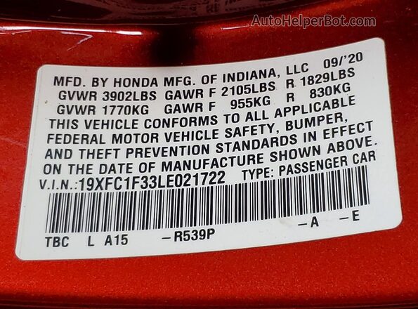 19XFC1F33LE021722 2020 HONDA CIVIC Red 