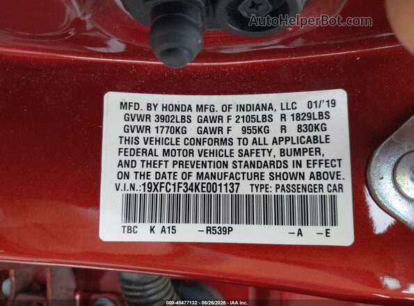 19XFC1F34KE001137 2019 HONDA CIVIC Orange ძრავის განყოფილების ხედი