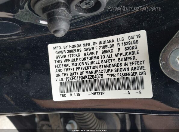19XFC1F34KE204075 2019 HONDA CIVIC Black Widok komory silnika