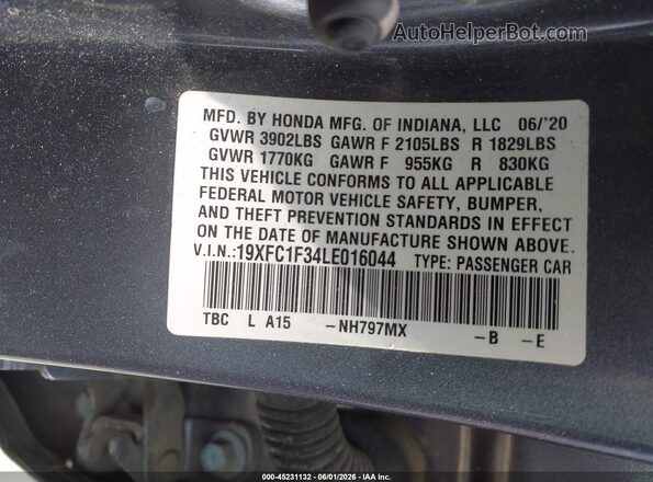 19XFC1F34LE016044 2020 HONDA CIVIC Gray Widok komory silnika