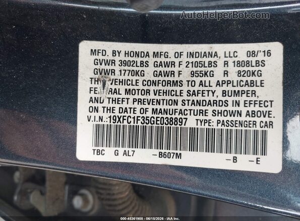 19XFC1F35GE038897 2016 HONDA CIVIC Blue Շարժիչի բաժամունքի տեսք