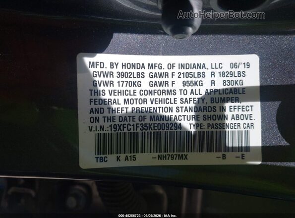 19XFC1F35KE009294 2019 HONDA CIVIC Gray 
