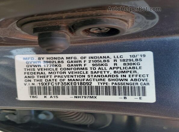 19XFC1F35KE018092 2019 HONDA CIVIC Серый 
