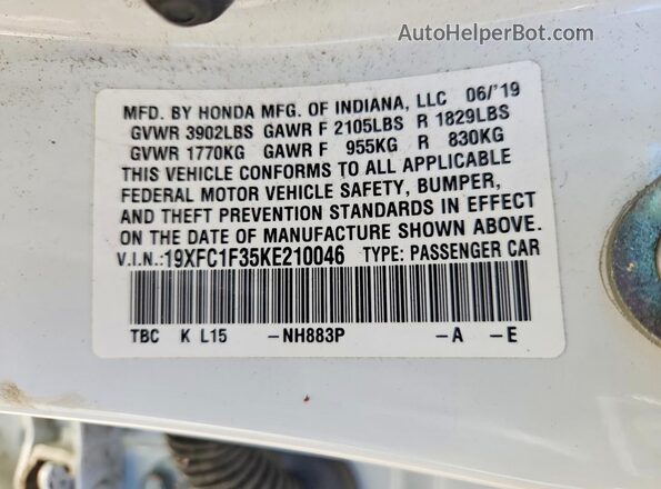 19XFC1F35KE210046 2019 HONDA CIVIC Белый Вид подкапотного пространства