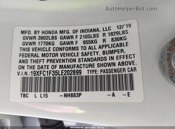 19XFC1F35LE202899 2020 HONDA CIVIC White Widok komory silnika