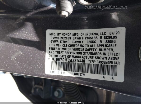 19XFC1F35LE214440 2020 HONDA CIVIC Gray Engine compartment view