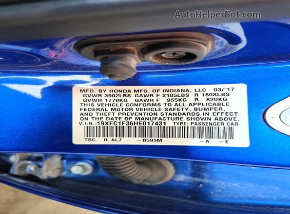 19XFC1F36HE017431 2017 HONDA CIVIC Синий Вид подкапотного пространства