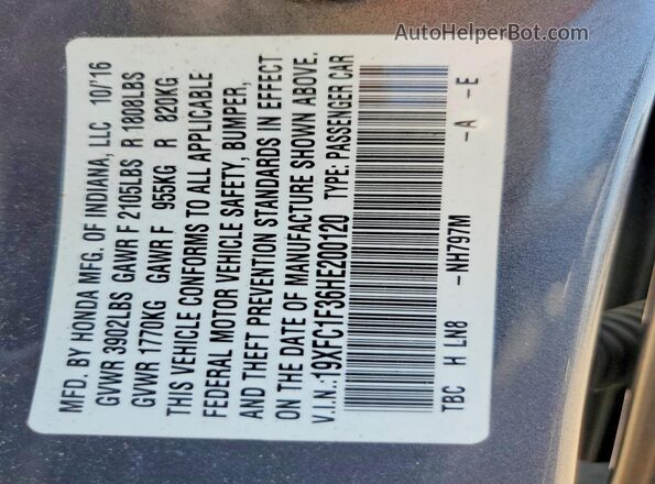 19XFC1F36HE200120 2017 HONDA CIVIC Gray Widok komory silnika