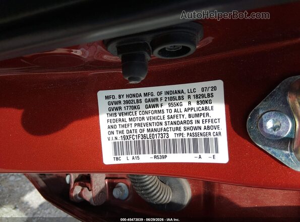 19XFC1F36LE017373 2020 HONDA CIVIC Red Շարժիչի բաժամունքի տեսք