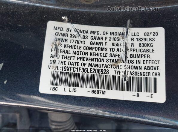 19XFC1F36LE206928 2020 HONDA CIVIC Dark Blue Widok komory silnika