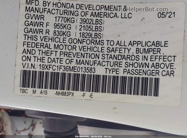19XFC1F36ME013583 2021 HONDA CIVIC White Вид підкапотного простору