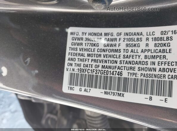 19XFC1F37GE014746 2016 HONDA CIVIC Gray 