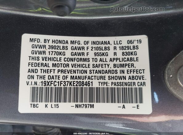 19XFC1F37KE208461 2019 HONDA CIVIC Gray Widok komory silnika