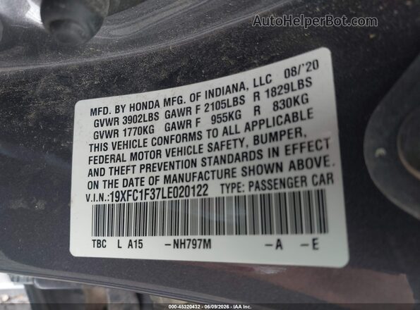 19XFC1F37LE020122 2020 HONDA CIVIC Gray Vista del compartimento del motor