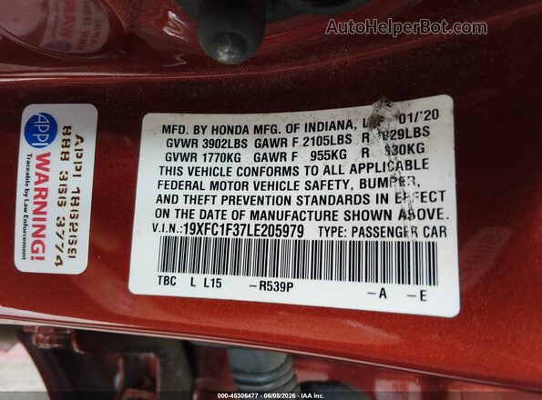 19XFC1F37LE205979 2020 HONDA CIVIC Orange 
