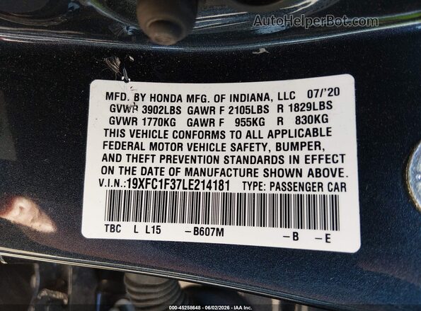 19XFC1F37LE214181 2020 HONDA CIVIC Blue Engine compartment view