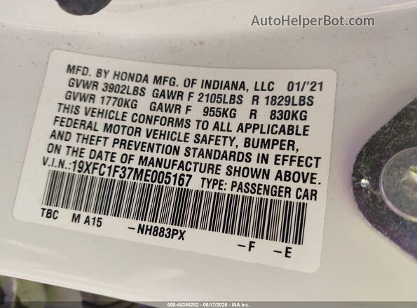 19XFC1F37ME005167 2021 HONDA CIVIC White Widok komory silnika