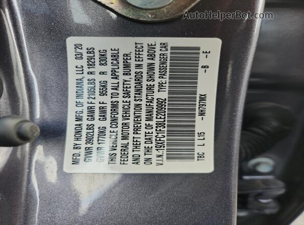 19XFC1F38LE209992 2020 HONDA CIVIC Charcoal Շարժիչի բաժամունքի տեսք