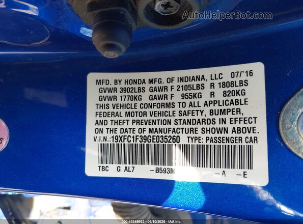 19XFC1F39GE035260 2016 HONDA CIVIC Blue Շարժիչի բաժամունքի տեսք