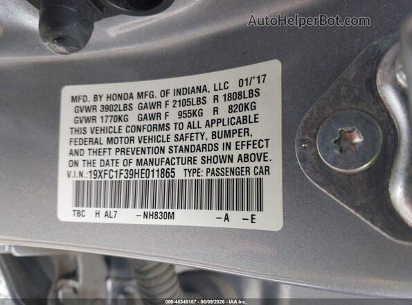 19XFC1F39HE011865 2017 HONDA CIVIC Silver Engine compartment view