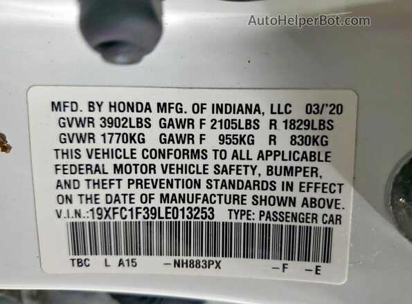 19XFC1F39LE013253 2020 HONDA CIVIC White ძრავის განყოფილების ხედი