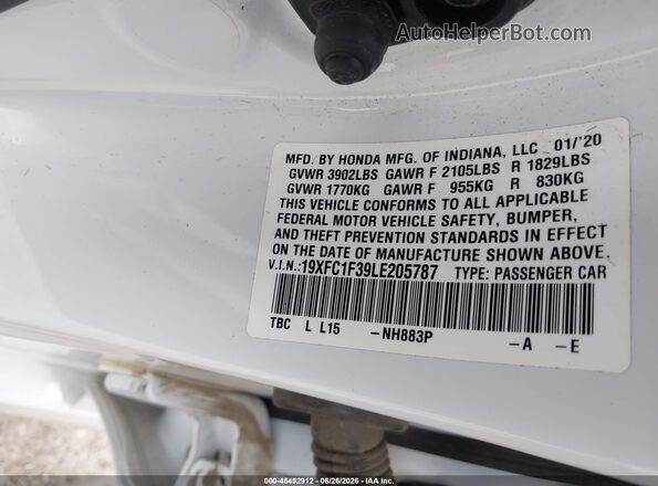 19XFC1F39LE205787 2020 HONDA CIVIC White Widok komory silnika