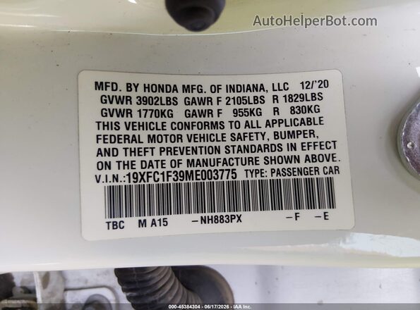 19XFC1F39ME003775 2021 HONDA CIVIC White Vista del compartimento del motor