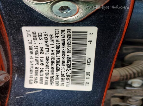 19XFC1F3XGE210907 2016 HONDA CIVIC Blue Widok naklejki z numerem VIN